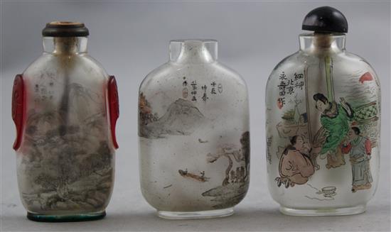 Three Chinese inside-painted glass snuff bottles, 20th century, Richards no.s 264, 171, 170